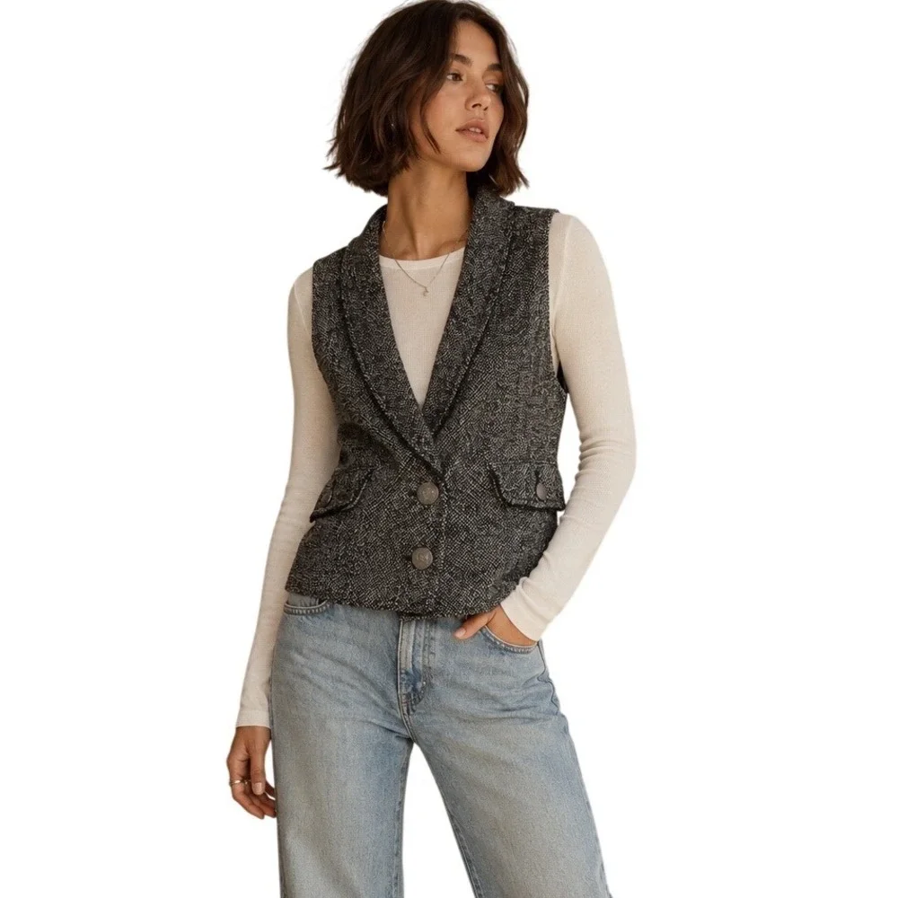 Free People S Tweed Waistcoat Vest Black Ivory Academia Equestrian Heritage